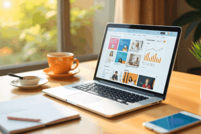 Online course selling workspace with laptop and course platform dashboard